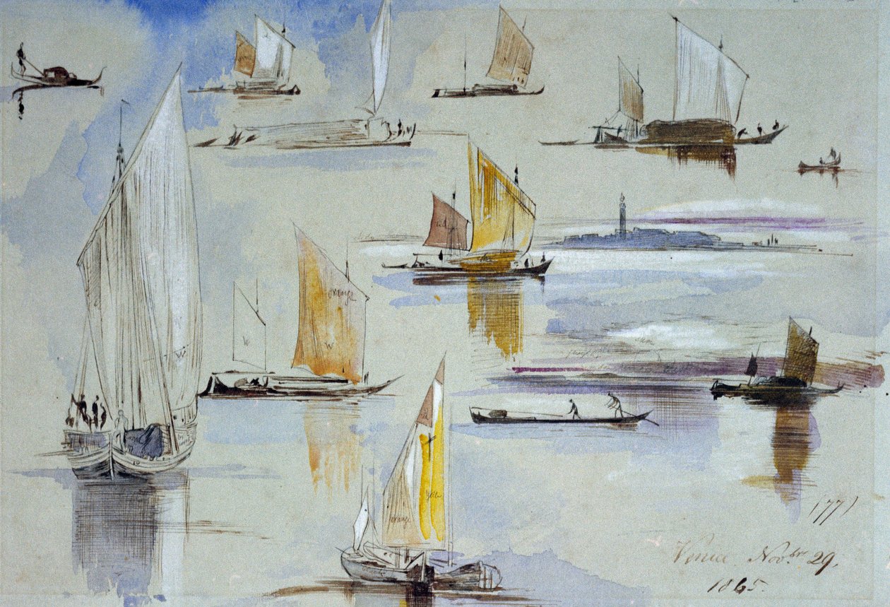 Studier av venetianska båtar, med anteckningar. Målning av Edward Lear (1812-1888) av Edward Lear