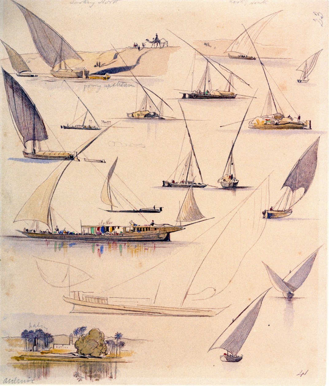 Studier av olika egyptiska båtar. Akvarellteckning i färg av Edward Lear
