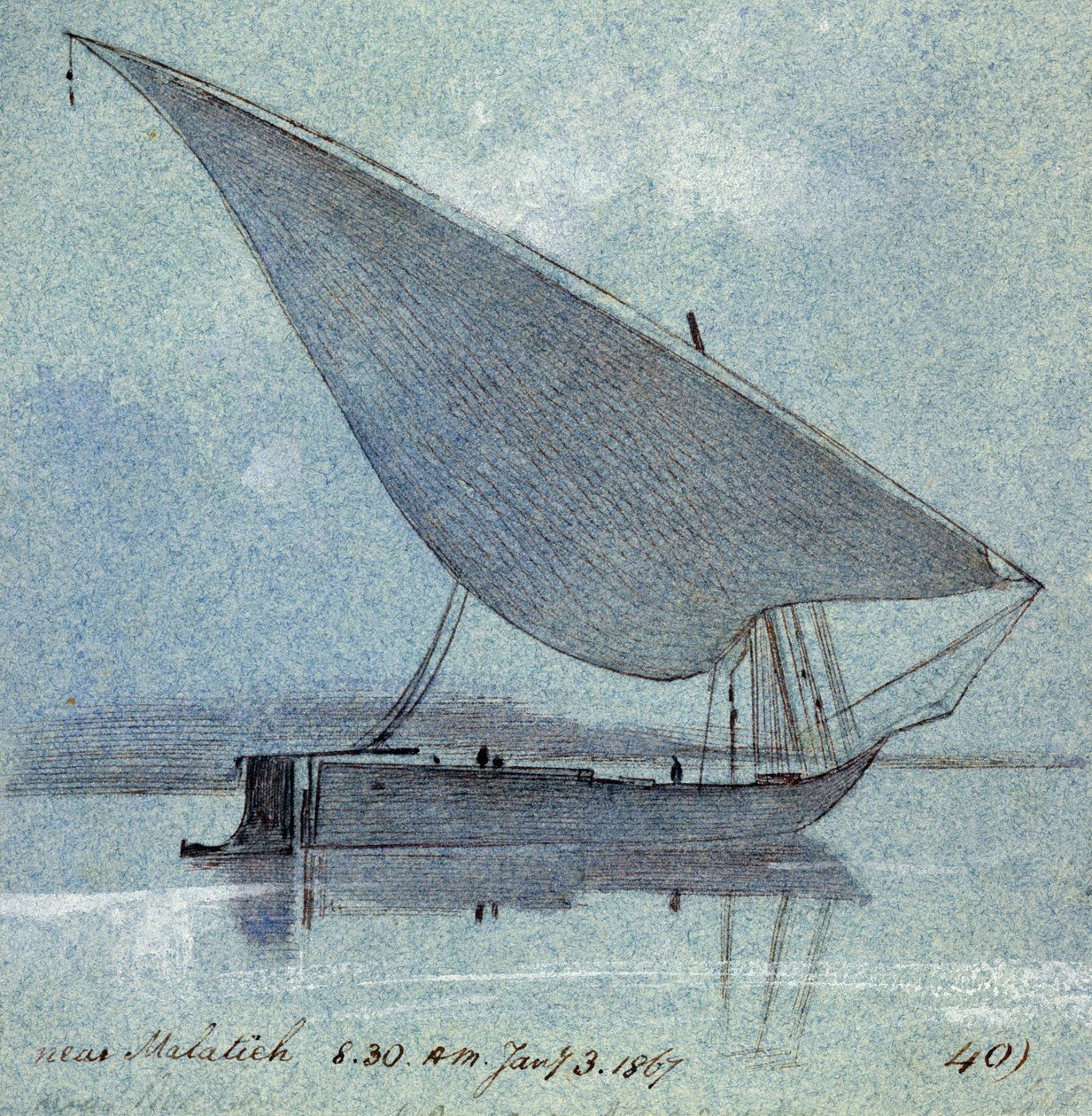 Studie av en gyasi (egyptisk båt) nära Malatieh (eller Malatia, Egypten). Akvarellteckning i färg av Edward Lear