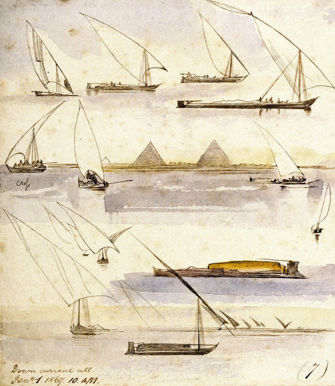 Studie av olika egyptiska båtar (Dahabeeyahs och Gyassis), med en scen framför pyramiderna i Giza (Kairo) i mitten av sidan av Edward Lear