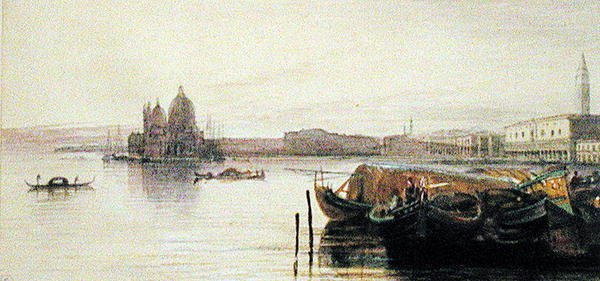 Kyrkan Santa Maria della Salute, Venedig (akvarell på papper) av Edward Lear