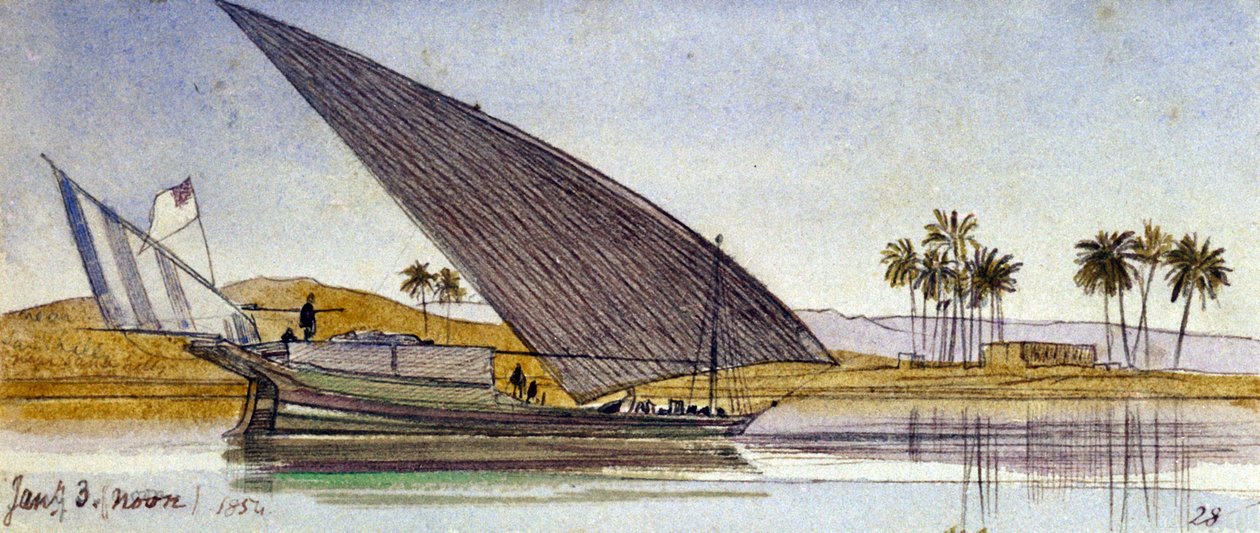 Nilens strand (Egypten) med en stor gyassi som passerar förbi. Akvarellteckning i färg av Edward Lear