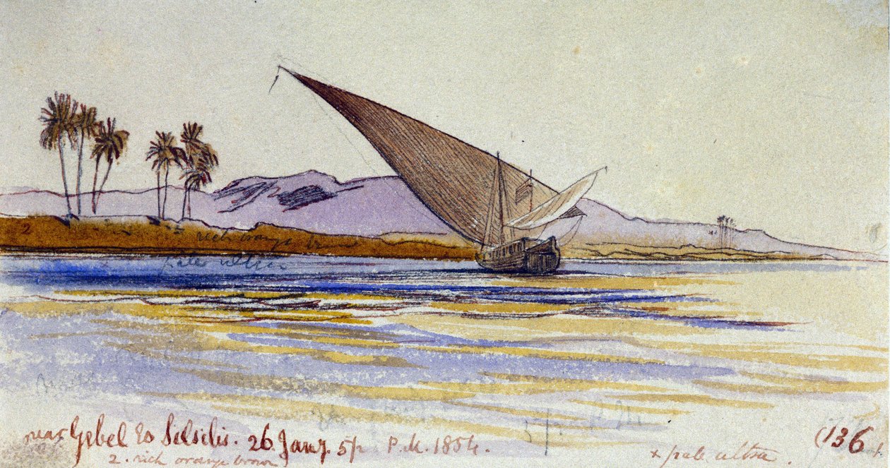 Nilens strand (Egypten), med palmer och gyassi som vetter mot stranden, nära Gebel el Silsileh. Akvarellteckning i färg av Edward Lear