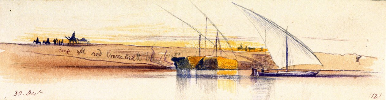 Nilens strand (Egypten), med tre gyassis, varav två är tungt lastade med halm, i bakgrunden avbildas personer och djur i den nedgående solen av Edward Lear