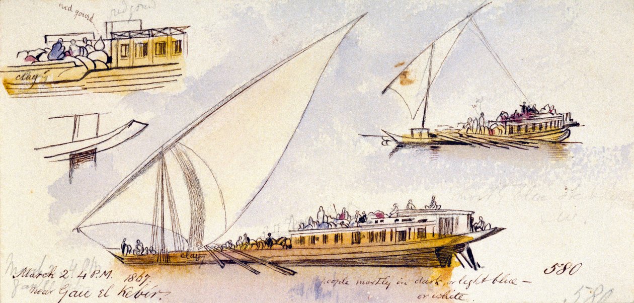 Tre studier av en egyptisk båt med passagerare, nära Gau el Kebir (Egypten), med anteckningar om de avbildade personernas kläder av Edward Lear