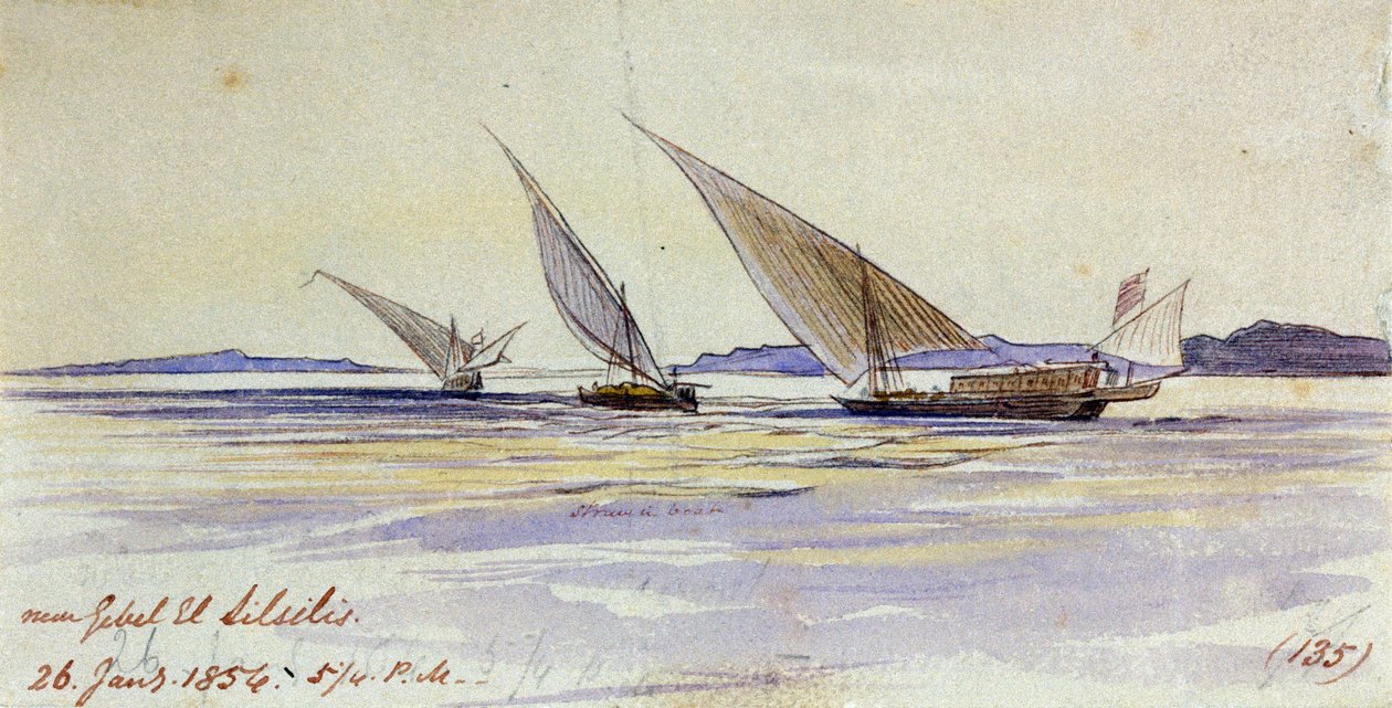 Tre traditionella egyptiska transportfartyg seglar på Nilen, nära Gebel el-Silsila eller Gebel Silsileh (Egypten) av Edward Lear