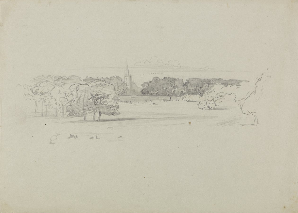 Utsikt över en äng till en kyrka, 1834 (grafit på grönt kraftigt vävt papper) av Edward Lear
