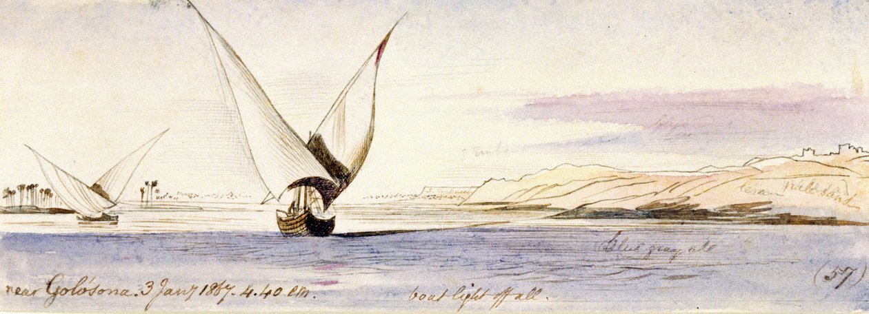 Utsikt över Nilen nära Golosona (Egypten), med en traditionell egyptisk båt som seglar. Akvarellteckning i färg av Edward Lear