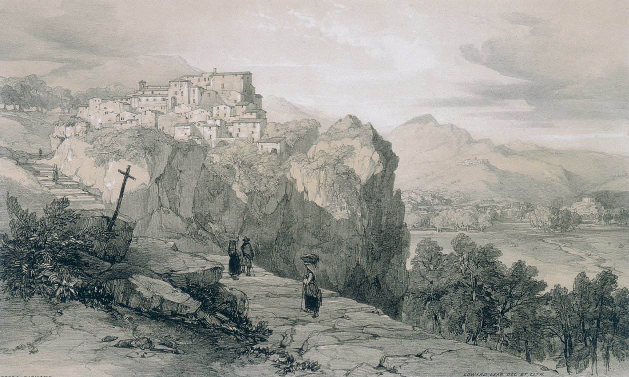 Utsikter i Rom och dess omgivningar: Rocca Giovane och i fjärran Licensstäderna och Civitella di Licenses av Edward Lear