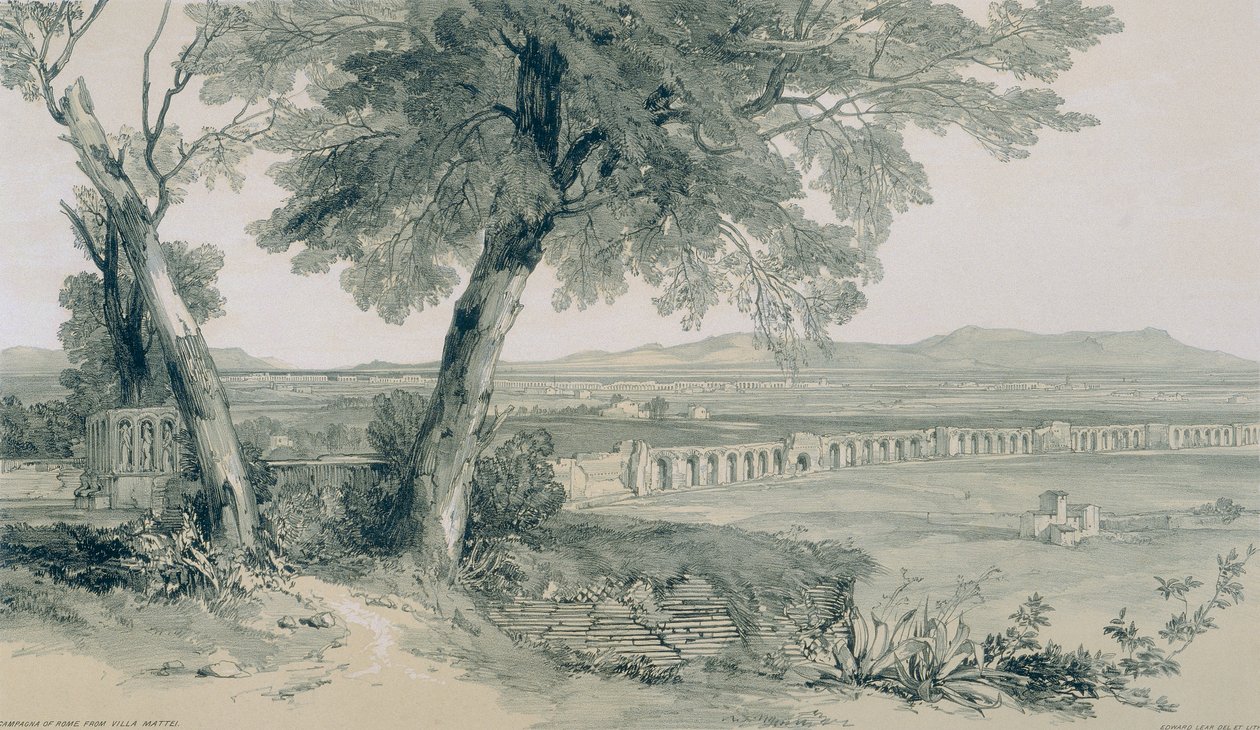 Utsikt i Rom och dess omgivningar: Campagna och Roms murar med utsikt över Alban av Edward Lear