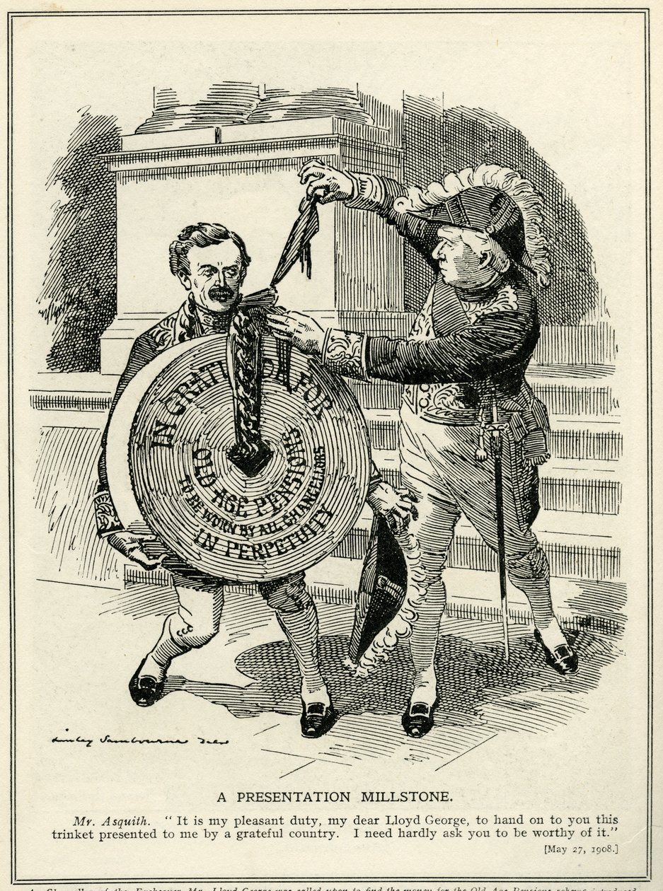 "A Presentation Millstone", premiärminister Asquith överlämnar till finanskanslern, Lloyd George, ålderspensionssystemet, 1908 av Edward Linley Sambourne