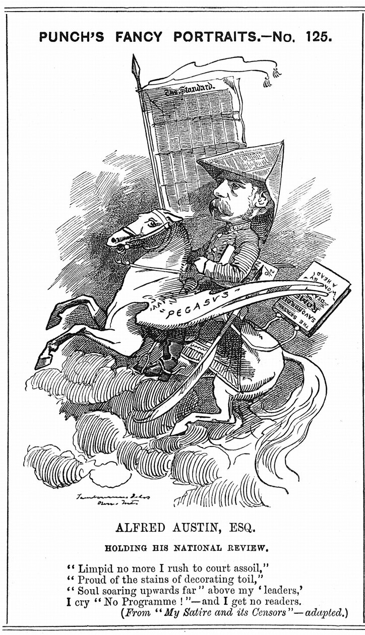 Alfred Austin (1835-1913) brittisk poetpristagare från 1896. Tecknad av Edward Linley Sambourne (1844-1910) i serien Fancy Portraits i Punch, London, 3 mars 1883, när Austin blev redaktör för National Review. Gravyr. av Edward Linley Sambourne