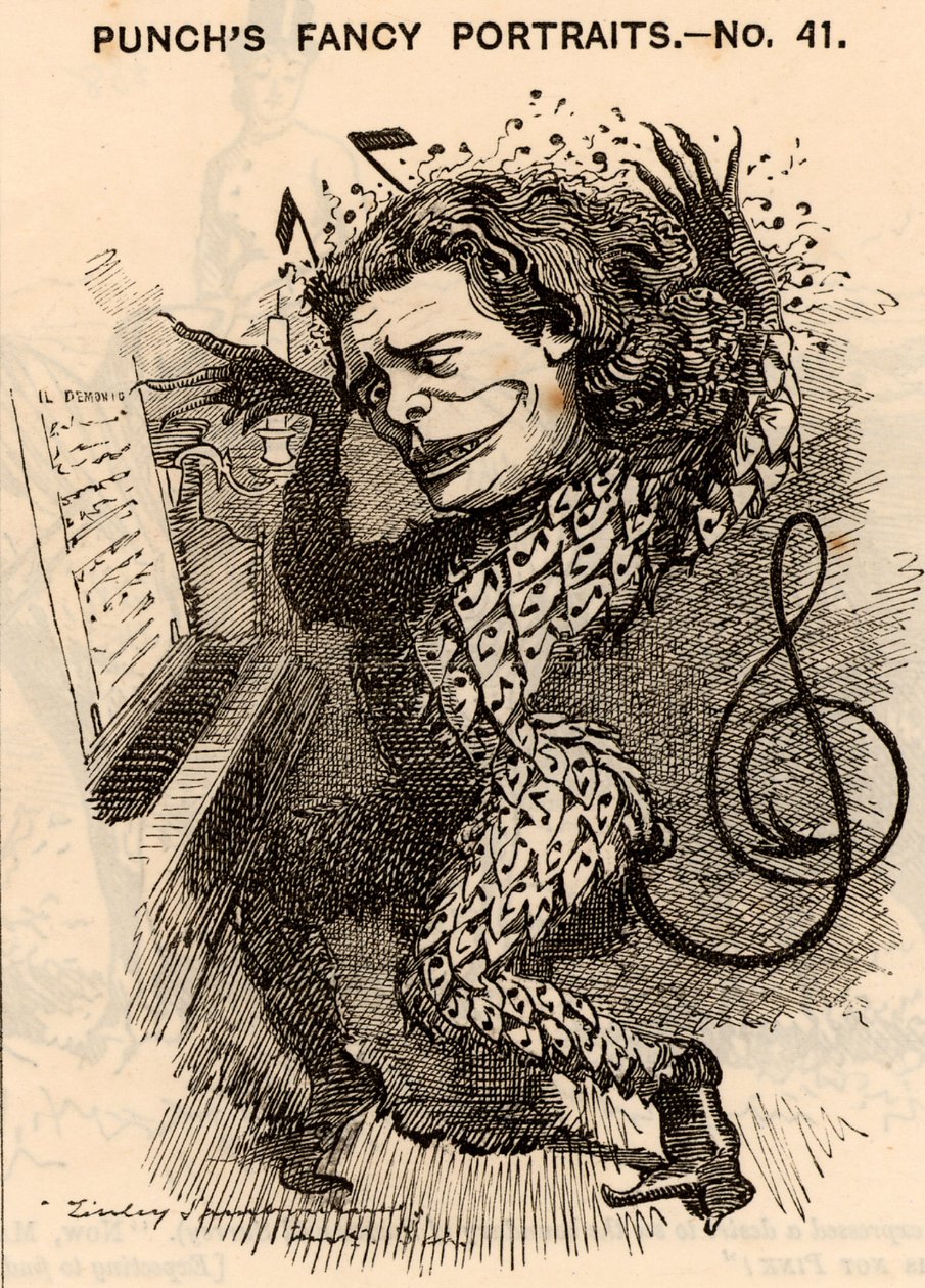 ""Anton Rubinstein (1829-1894) Rysk pianist, kompositör och dirigent, grundare av St Petersburgs konservatorium. Under konsertsäsongen i London 1881 tjänade han omkring 10 000 pund. En av hans kompositioner var en opera ""Demon"" (1875). Tecknad av Edwa av Edward Linley Sambourne