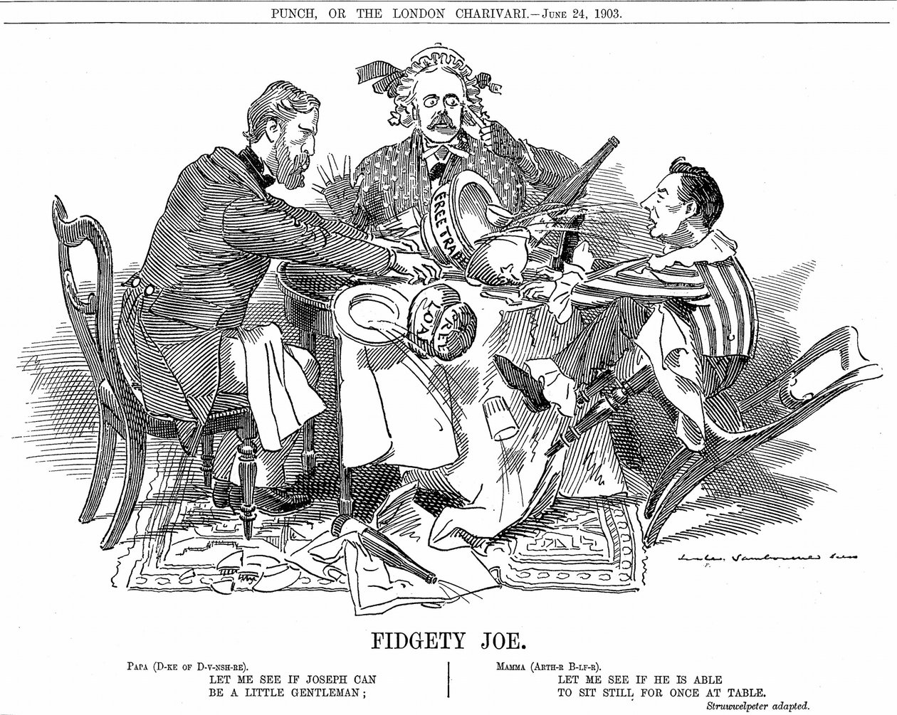 Koalitionsregering. Hertigen av Devonshire och Arthur Balfour (mitten) försöker kontrollera Joseph Chamberlain, ledare för juniorpartiet i koalition. I september 1903 avgick han för att vara fri att förespråka sina tullreformer. Tecknad av Edward Linley Sa av Edward Linley Sambourne