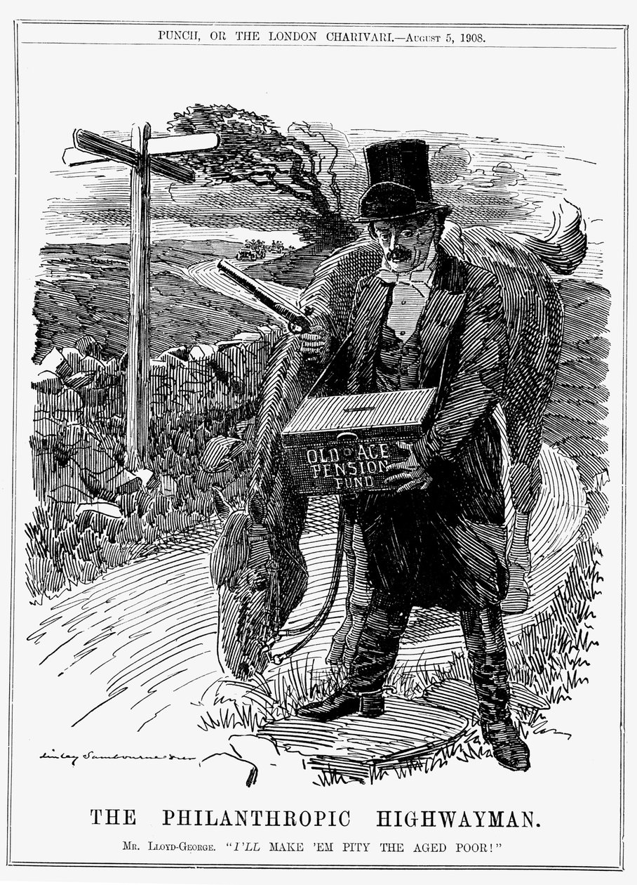 David Lloyd George (1863-1945) walesisk född brittisk liberal statsman. 1908, som finansminister, introducerade Lloyd George sin lag om ålderspension. Tecknad av Edward Linley Sambourne från Punch, London, augusti 1908. av Edward Linley Sambourne