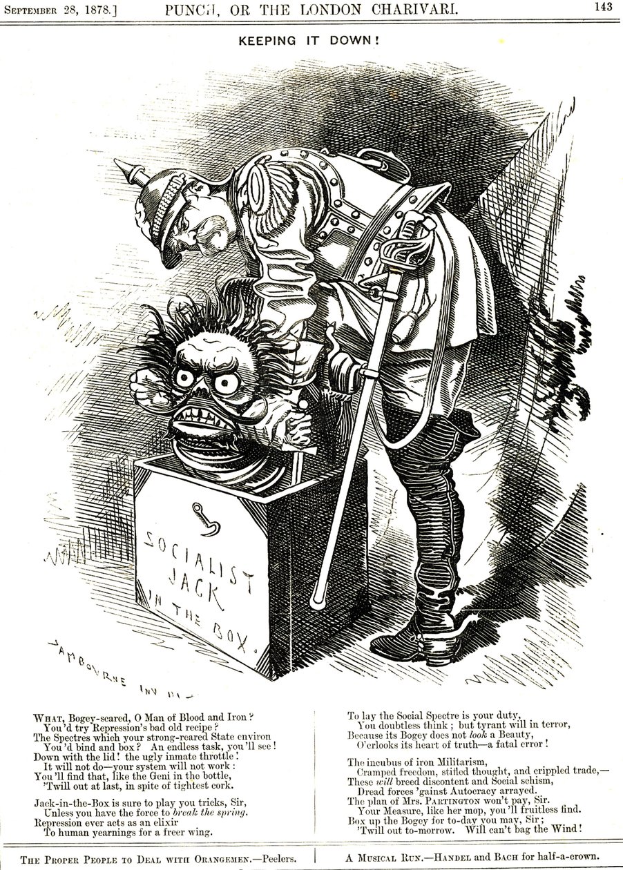 Att hålla nere. Otto von Bismarck (1815-1898) Tysklands förbundskansler, försöker tvinga tillbaka socialismens jack i sin låda. Bildtexterna berättar för honom att varje förtryckshandling är ett elixir till den mänskliga önskan om mer frihet. Tecknad av Ed av Edward Linley Sambourne