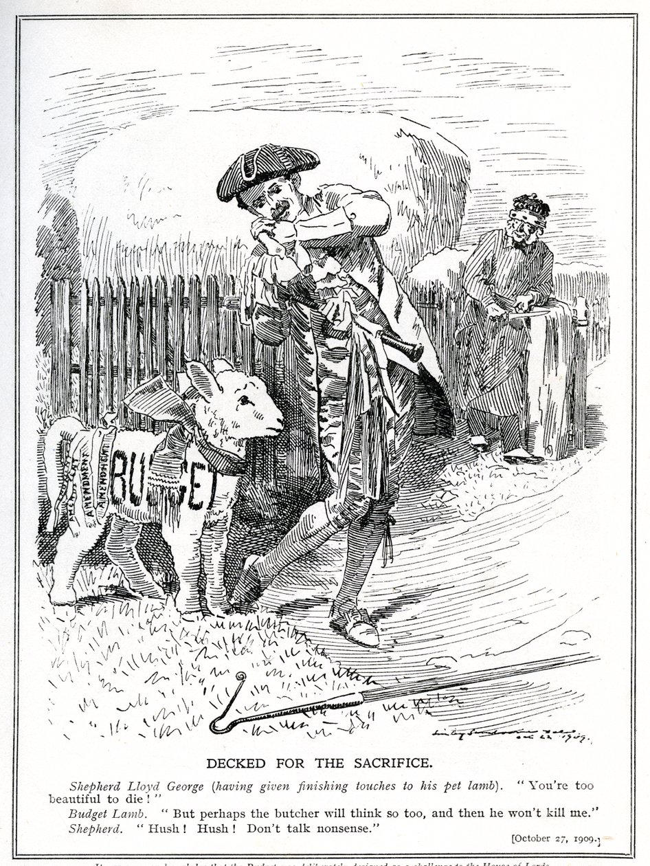 Lloyd George förbereder sig för att skicka sitt "husdjurslamm", "Folkets budget", för att offras och dödas av House of Lords, 1909 av Edward Linley Sambourne