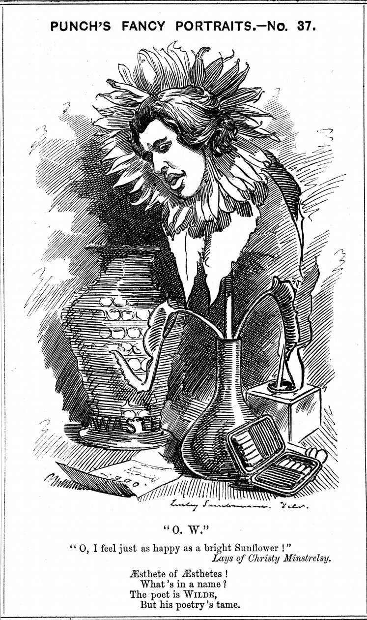Oscar Wilde (1854-1900) irländsk dramatiker, romanförfattare, poet och kvickhet. Tecknad av Edward Linley Sambourne från hans "Fancy Portraits"-serie för Punch London, 25 juni 1881, som visar Wilde som en solros. Trägravyr av Edward Linley Sambourne