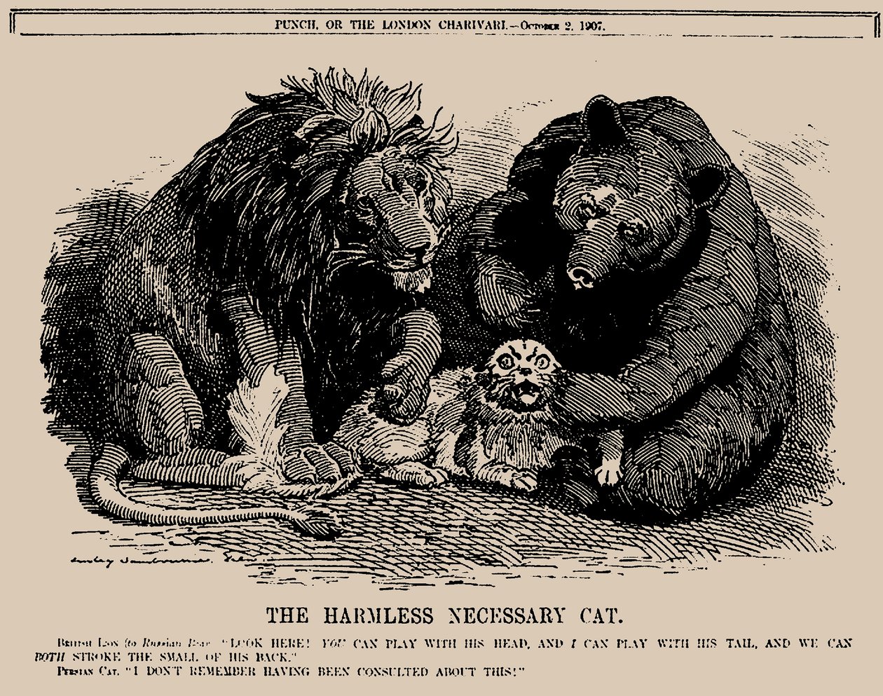 Den ofarliga nödvändiga katten. Punch, 2 oktober 1907, 1907. av Edward Linley Sambourne
