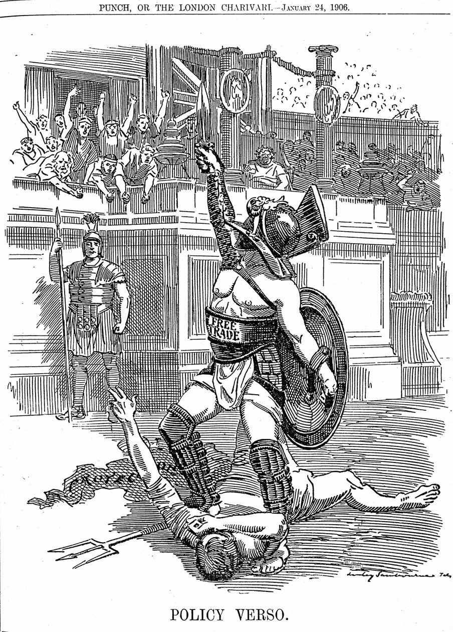 När den liberala regeringen återvände i Storbritannien, december 1905, var frihandel politiken snarare än den konservativa politiken för skydd av tullar. Tecknad av Edward Linley Sambourne från Punch London 24 januari 1906 av Edward Linley Sambourne