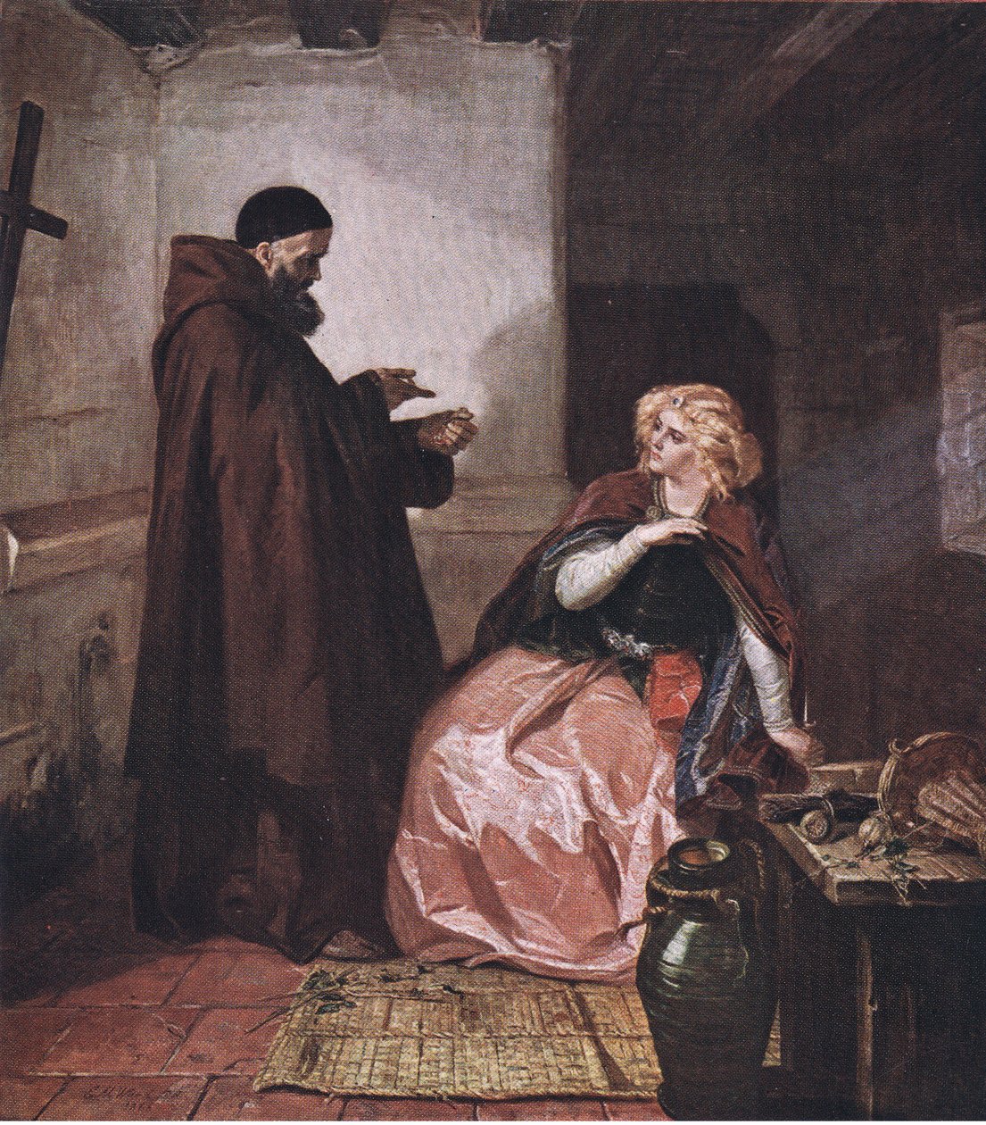 Juliet och brodern Laurence (Romeo och Julia) Ta flaskan, lägg dig sedan i sängen, och drick denna destillerade spritdryck, från puben The Complete Works of William Shakespeare av J Coker & Co Ltd (c av Edward Matthew Ward