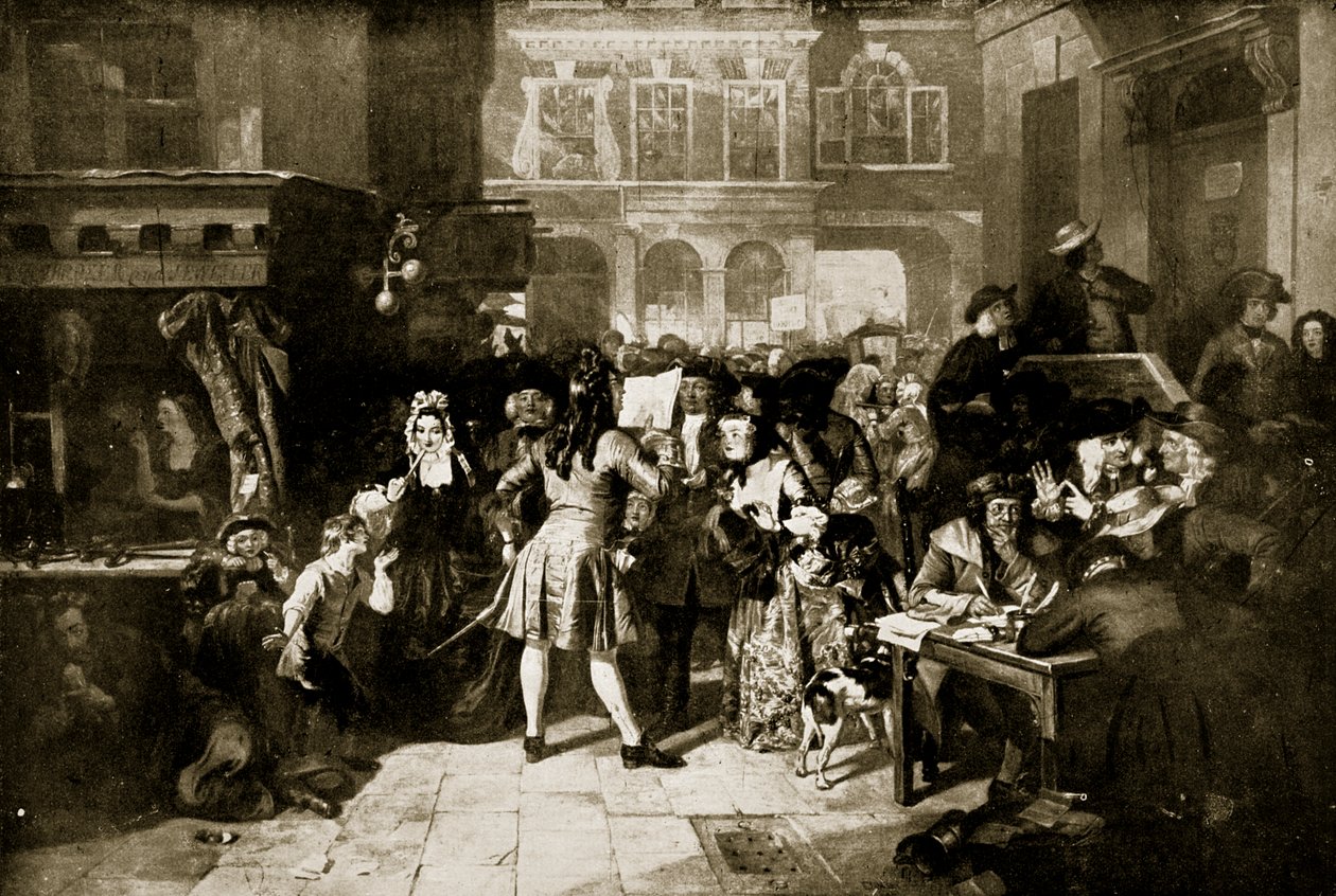 The South Sea Bubble: Change Alley, 1720, illustration från 