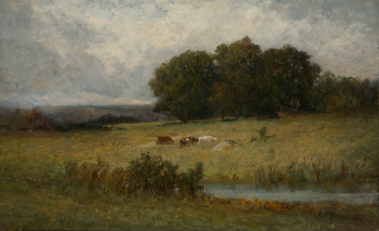 Ljus scen av boskap nära ström. av Edward Mitchell Bannister
