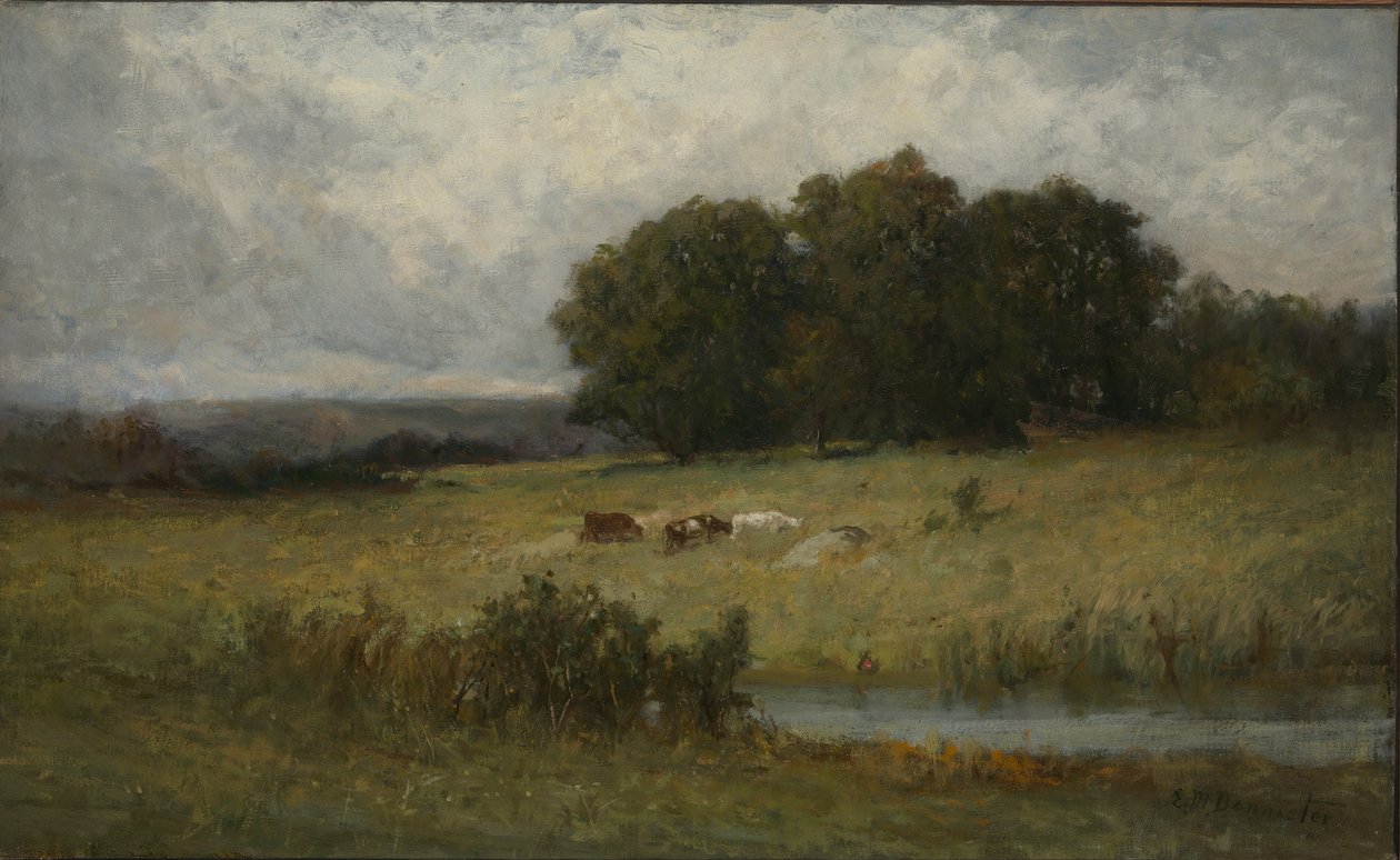 Ljus scen av boskap nära vattendrag av Edward Mitchell Bannister