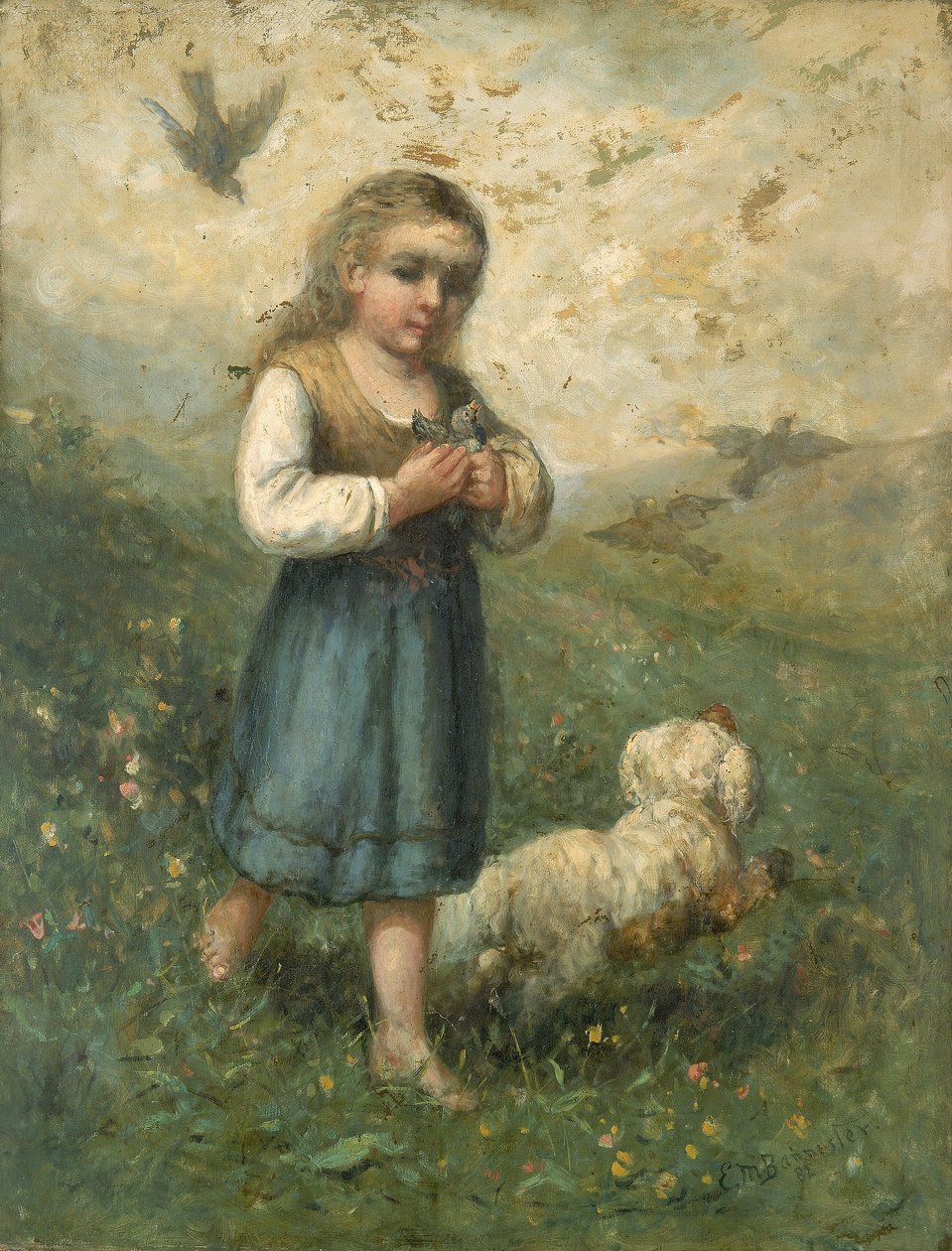 Barn med fåglar och hund av Edward Mitchell Bannister