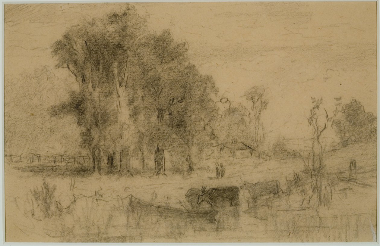 Landskap, roddbåt och kor (#57) C. 1880 (grafit på papper) av Edward Mitchell Bannister
