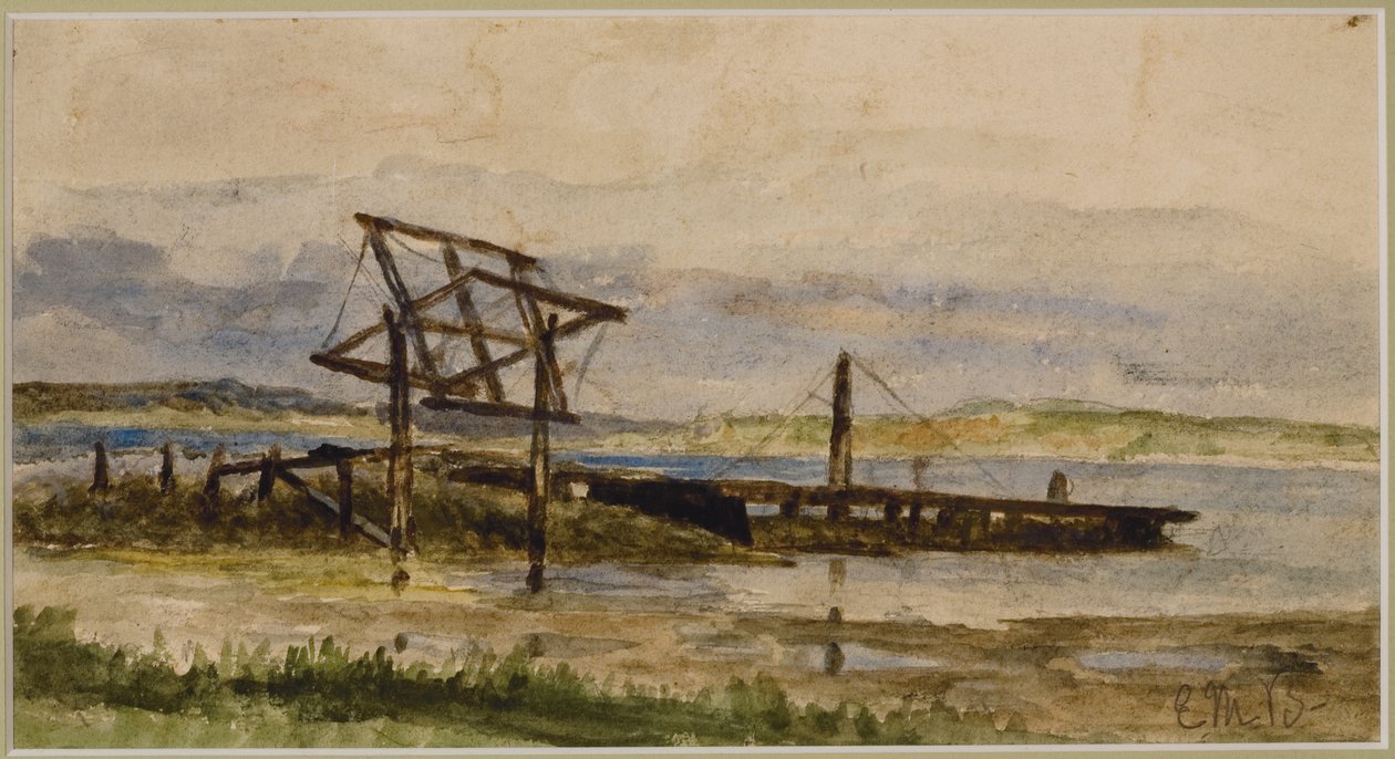 Landskap med docka, hav och strand (#18), ca. 1880 (akvarell på papper) av Edward Mitchell Bannister