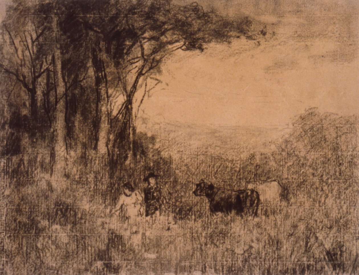 Landskap med kor och figurer som rör sig genom betesmark av Edward Mitchell Bannister