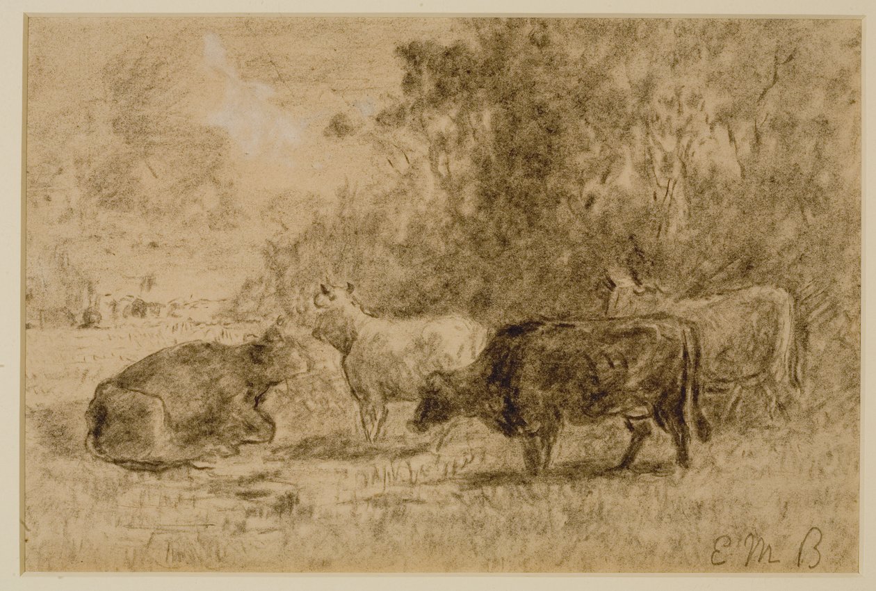 Landskap med fyra kor, ca. 1880-talet (kol på papper) av Edward Mitchell Bannister