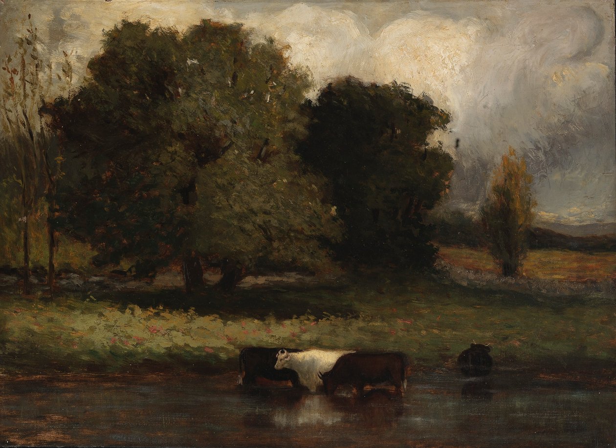 Utan titel (Fyra kor vadar i damm) av Edward Mitchell Bannister