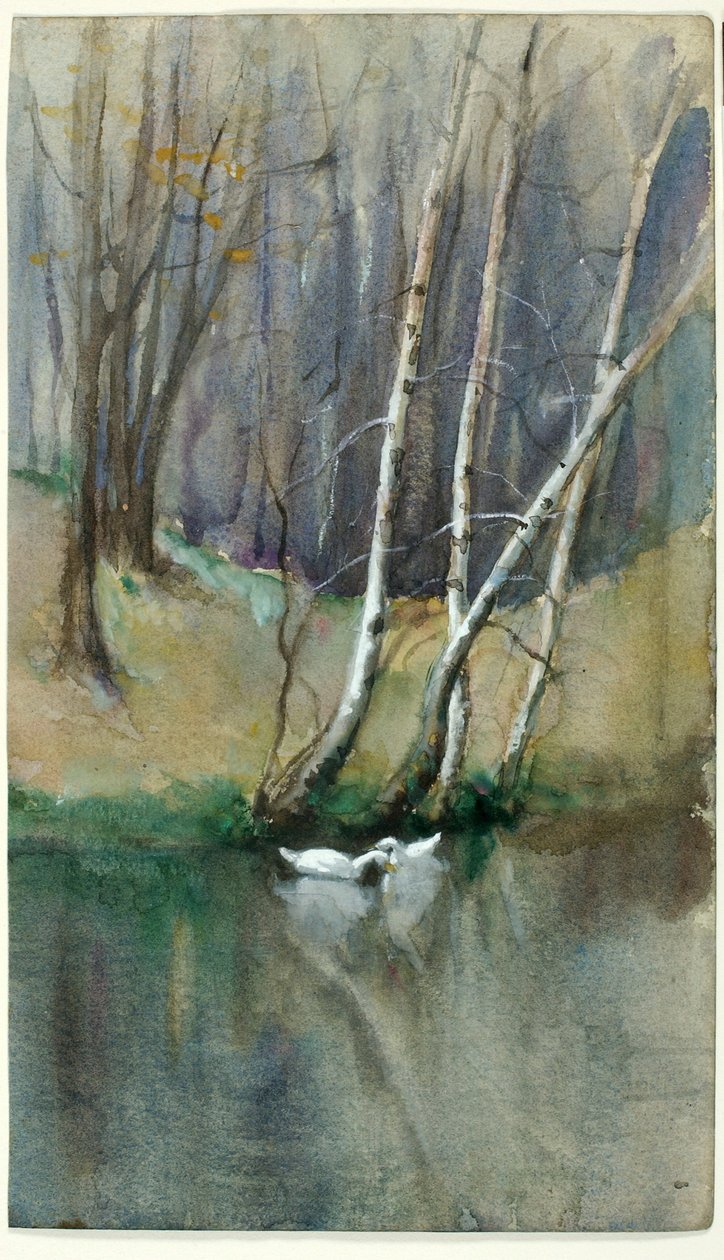 Utan titel (Trälandskap med björkträd och ankor) av Edward Mitchell Bannister