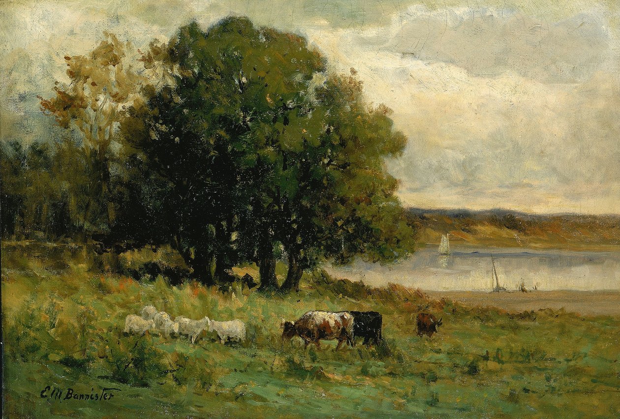 Utan titel (boskap vid flod med segelbåt i fjärran) av Edward Mitchell Bannister