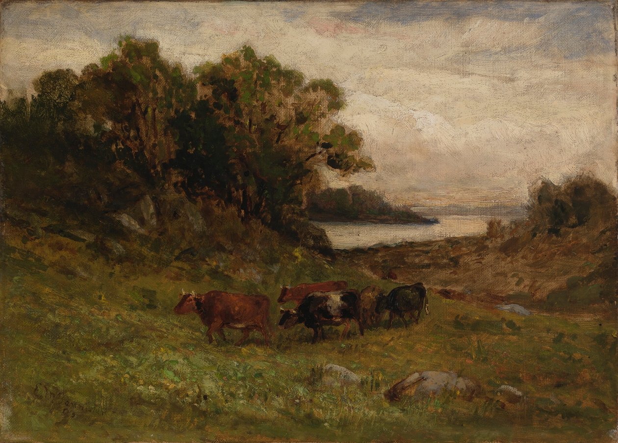Utan titel (fem kor betar med träd och flod i bakgrunden) av Edward Mitchell Bannister