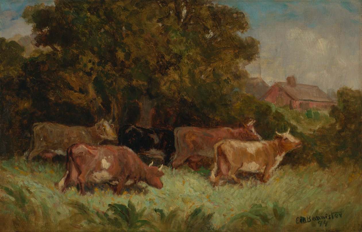 Utan titel (fem kor på bete, hustak i bakgrunden) av Edward Mitchell Bannister