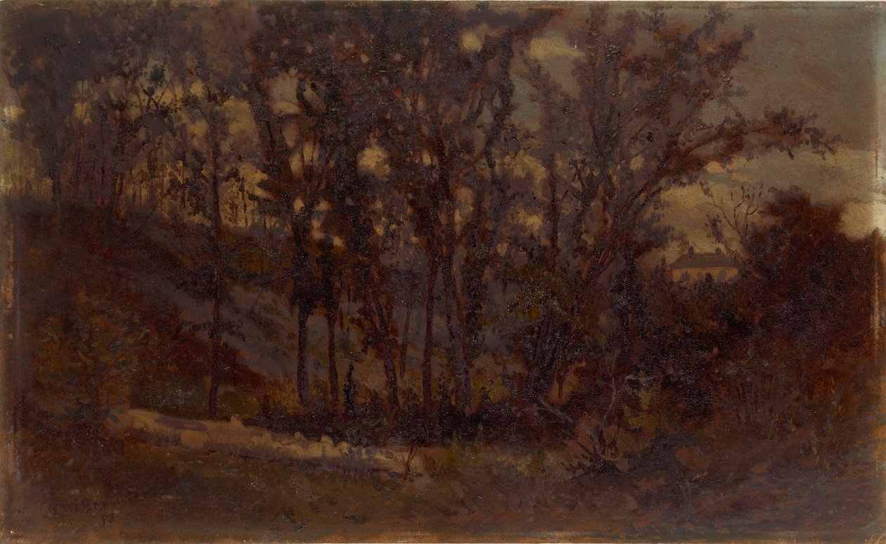 Utan titel (skogsscen, nedfallet träd i förgrunden och hus i bakgrunden) av Edward Mitchell Bannister