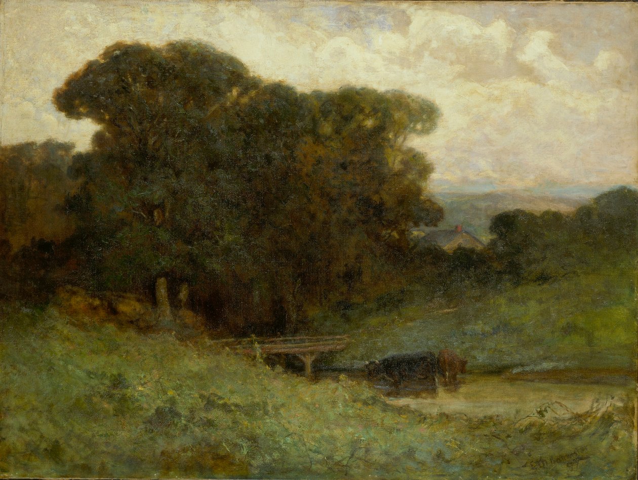Utan titel (skogsscen med bro, kor i bäck i förgrunden) av Edward Mitchell Bannister
