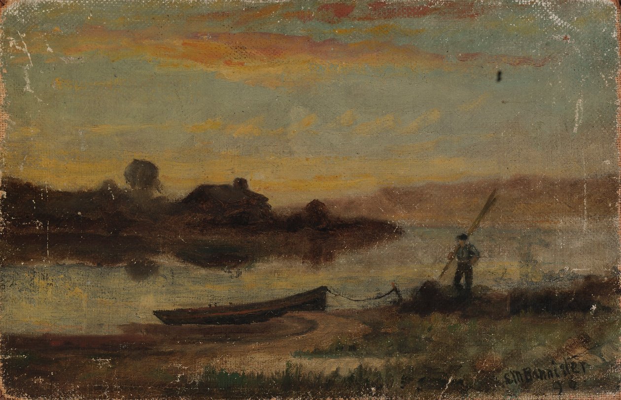 Utan titel (landskap, båt förtöjd nära strand med gående man) av Edward Mitchell Bannister