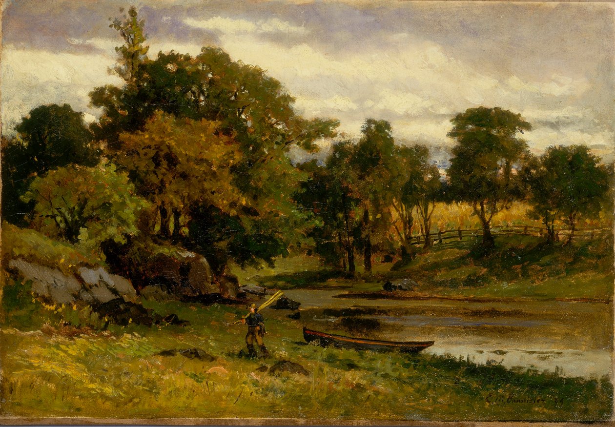 Utan titel (landskap, båt förtöjd vid vattendrag, man gående i förgrunden) av Edward Mitchell Bannister