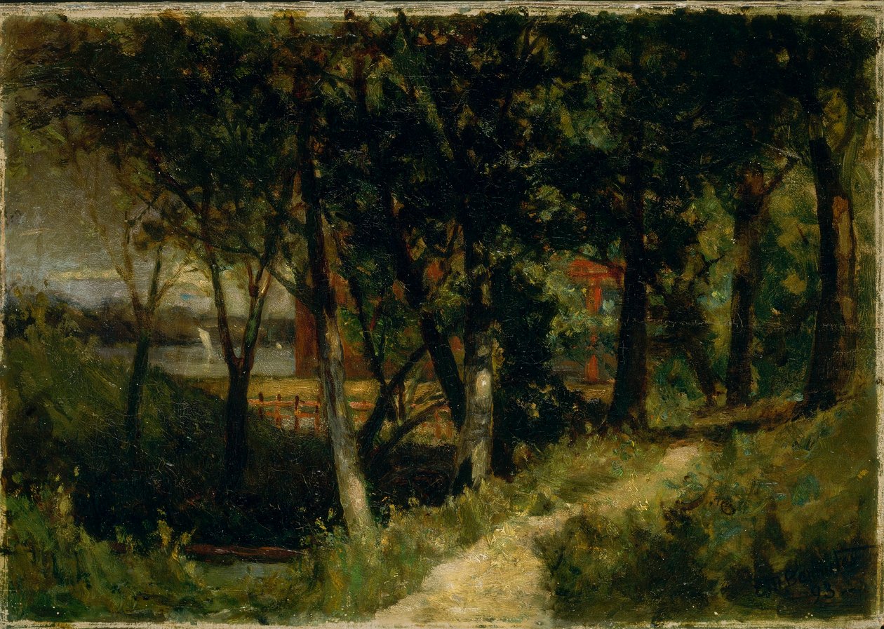 Utan titel (landskap, skogsscen med rött staket och byggnad) av Edward Mitchell Bannister