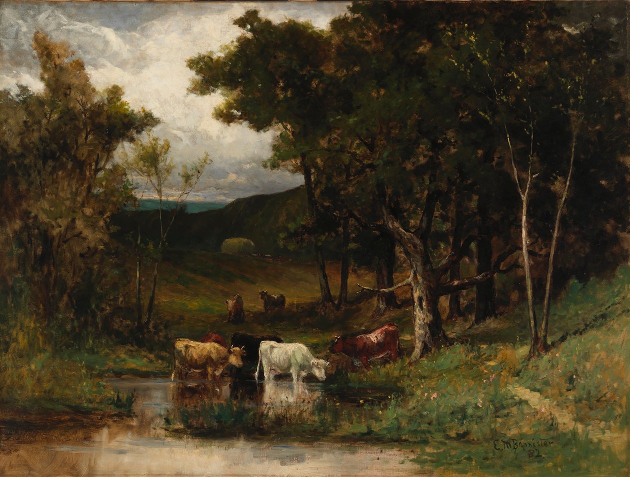 Utan titel (landskap med kor i bäck nära träd) av Edward Mitchell Bannister