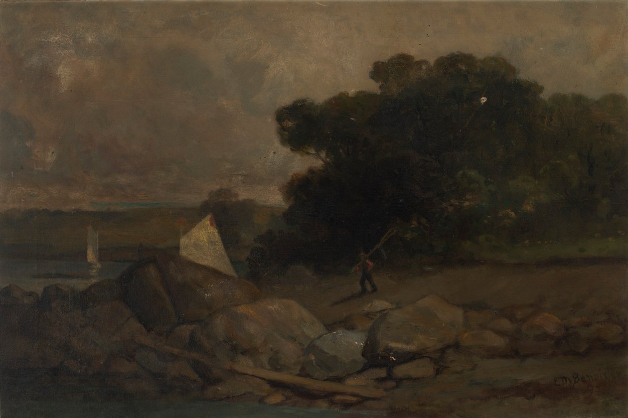 Utan titel (landskap med stenar, man och segelbåtar) av Edward Mitchell Bannister