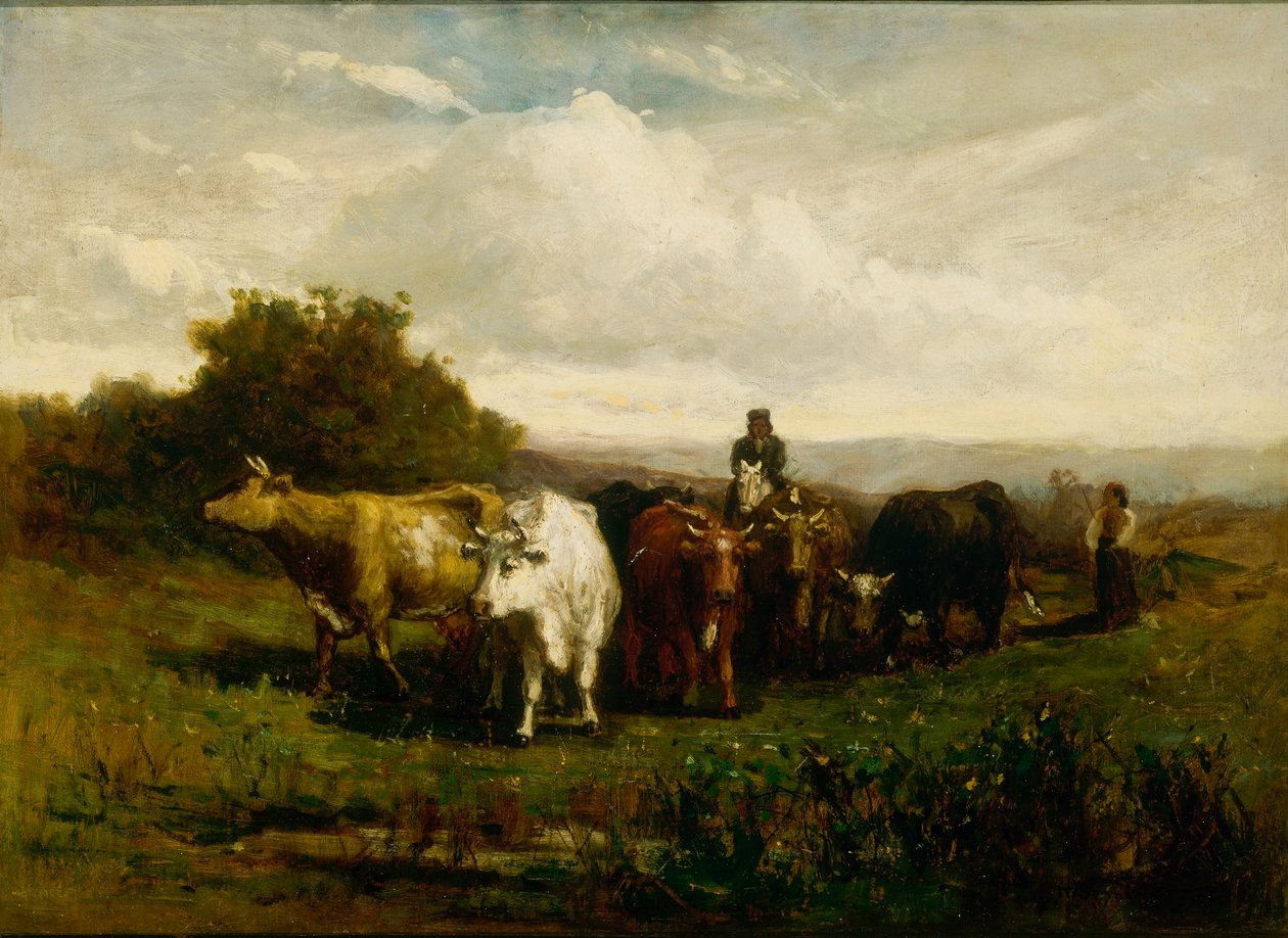 Utan titel (man till häst, kvinna till fots som driver boskap) av Edward Mitchell Bannister