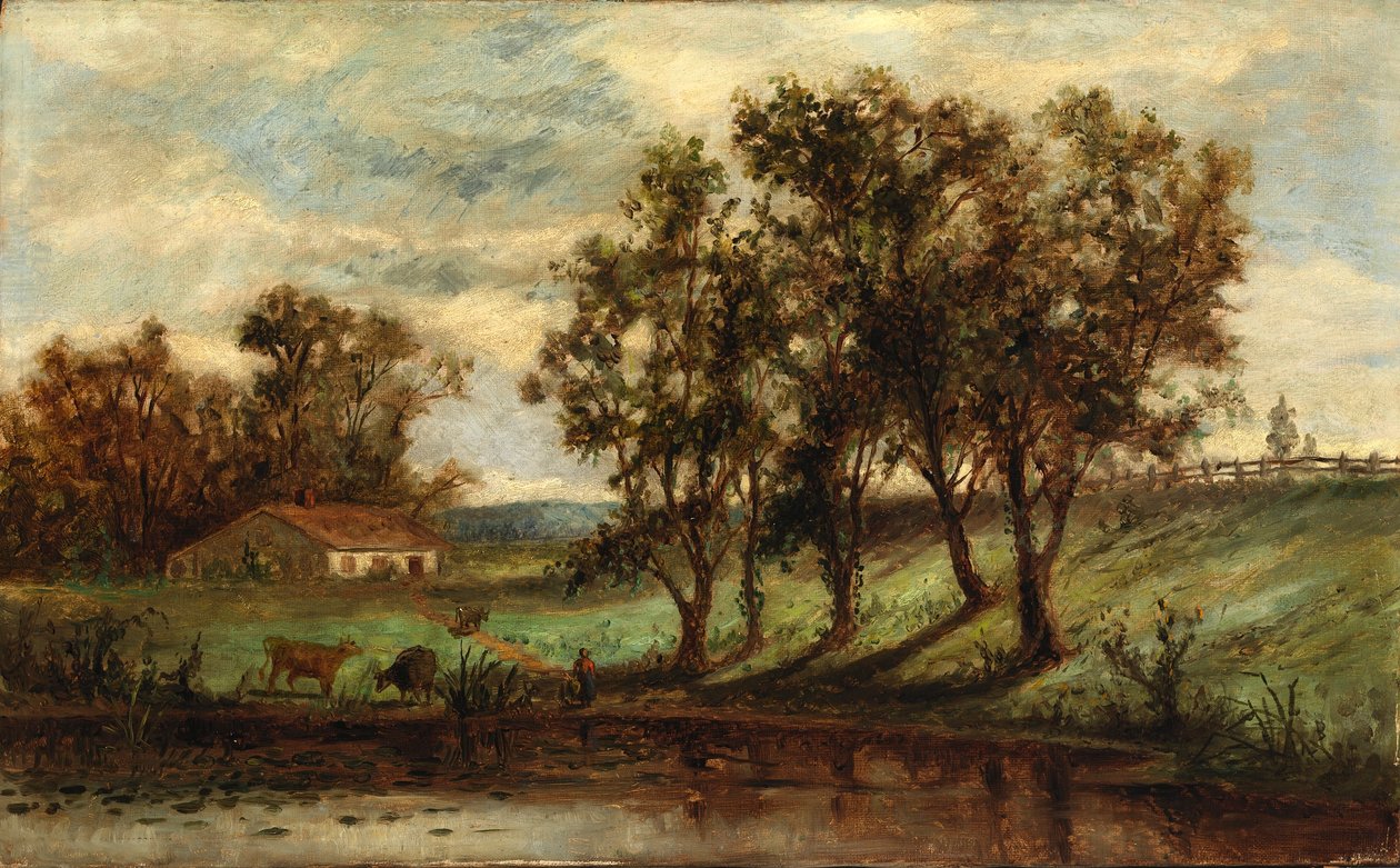 Utan titel (man med kor som betar vid damm med hus och träd i bakgrunden) av Edward Mitchell Bannister