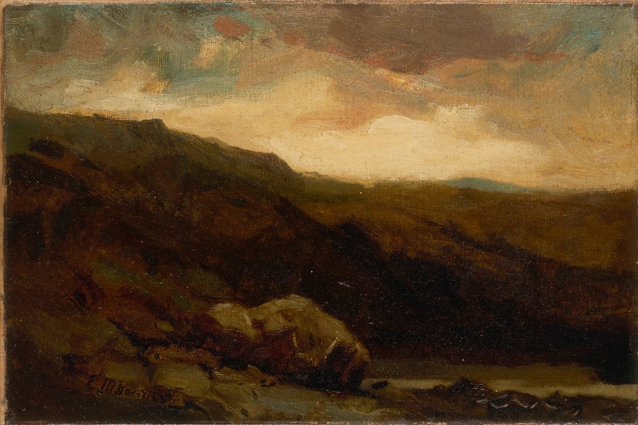 Utan titel (bergslandskap med klippa och bäck i förgrunden) av Edward Mitchell Bannister