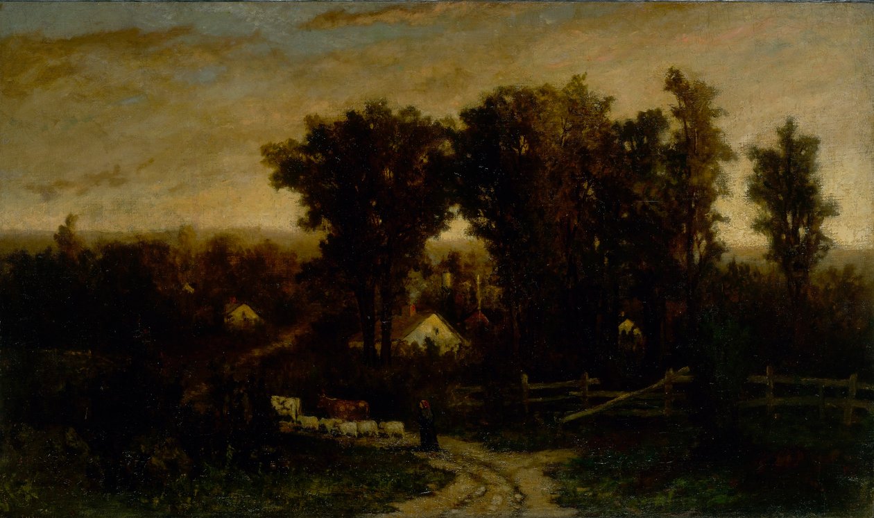 Utan titel (kvinna med nötkreatur och får i skymningen) av Edward Mitchell Bannister