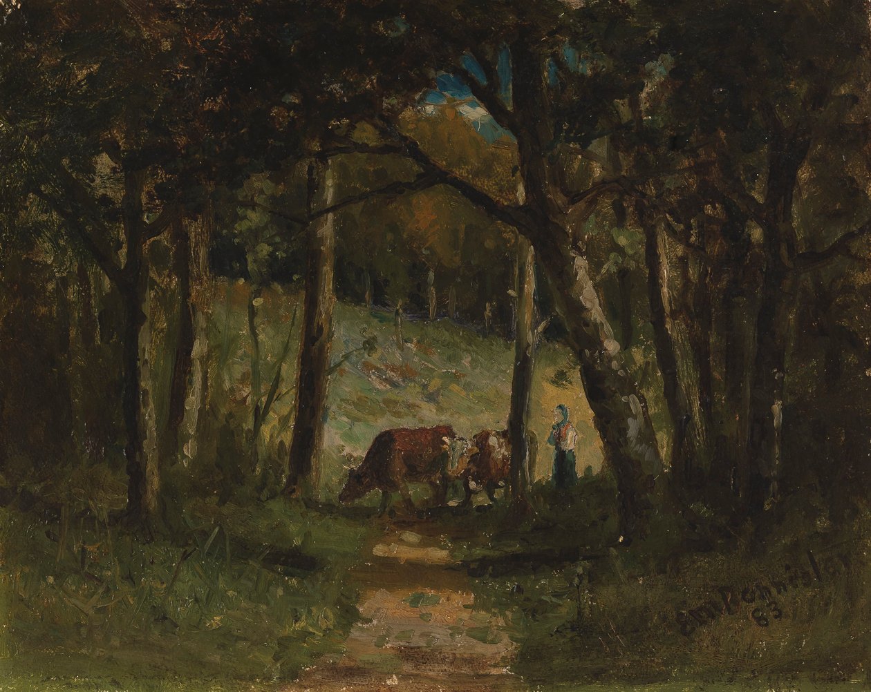 Namnlösa kor på stig i skogen, 1883. av Edward Mitchell Bannister